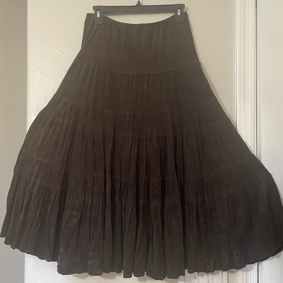 Coldwater Creek dark brown suede look fabric. Maxi, tiered, full skirt. - Picture 1 of 7
